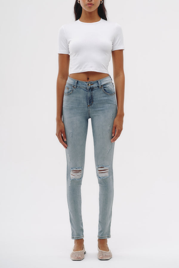 Skinny Jeans Tiro Medio - Azul Roto
