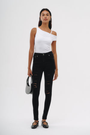 Skinny Jeans Tiro Medio - Azul Roto Vintage